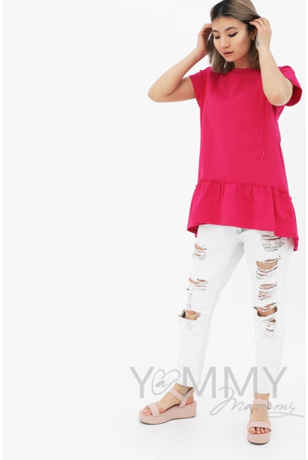 Футболка для беременных и кормящих свободного силуэта с воланом, малиновый