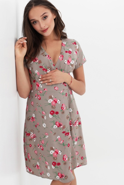 Платье для беременных и кормящих на запах в цветочек, бежевое