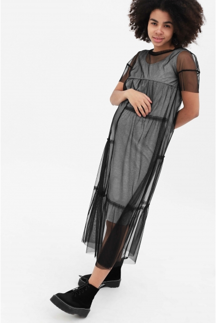 Платье для беременных и кормящих с сеткой, серый меланж