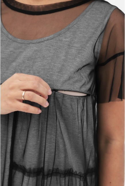 Платье для беременных и кормящих с сеткой, серый меланж