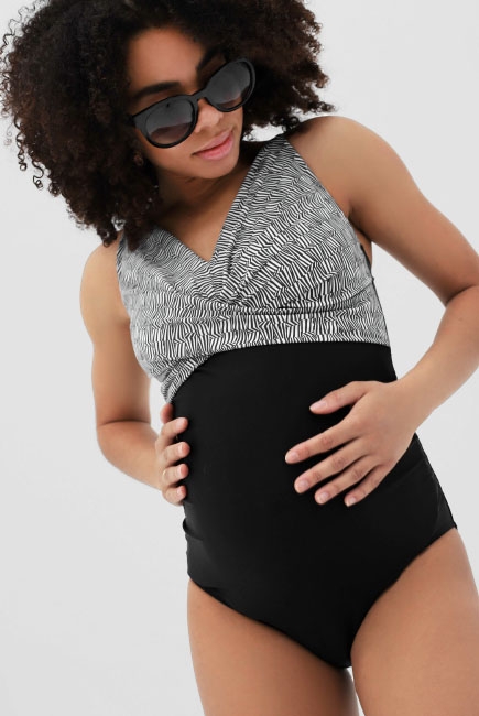 Купальник для беременных слитный, черный с белым