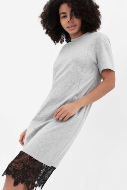 Платье-футболка для беременных и кормящих с кружевом, серый меланж СКИДКА