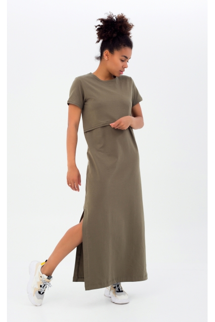 Платье-футболка для кормящих и беременных, хаки
