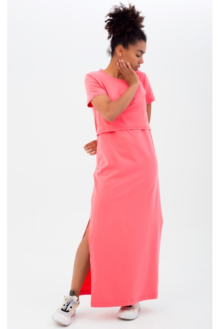 Платье-футболка для беременных и кормящих, коралловое