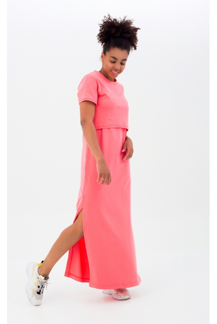 Платье-футболка для беременных и кормящих, коралловое