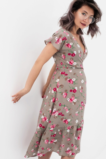 Платье для кормящих и беременных на запах с цветочным принтом, бежевое