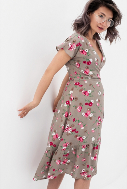 Платье для кормящих и беременных на запах с цветочным принтом, бежевое