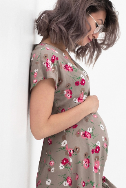 Платье для кормящих и беременных на запах с цветочным принтом, бежевое