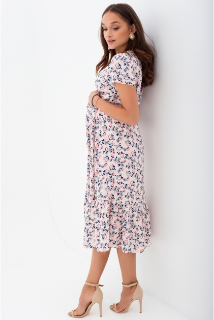 Платье для беременных и кормящих с воланом с цветочным принтом, розовое