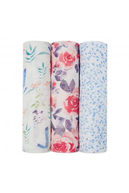 Бамбуковые пеленки для новорожденных Aden Anais большие, набор 3, White l Watercolor Garden