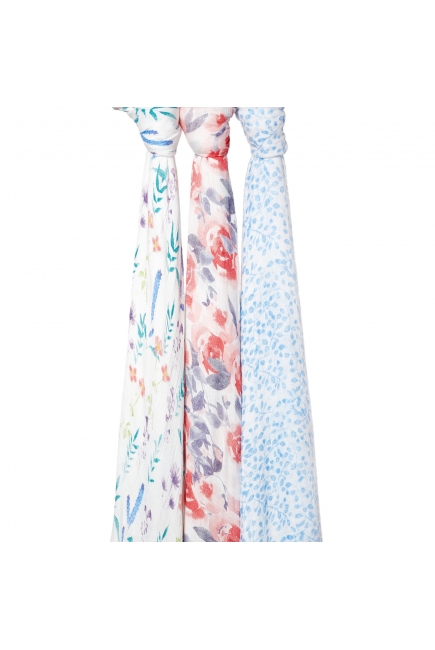 Бамбуковые пеленки для новорожденных Aden Anais большие, набор 3, White l Watercolor Garden