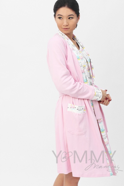 Комплект халат с сорочкой розовый с принтом котики/зайчики