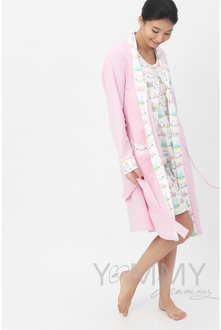 Комплект халат с сорочкой розовый с принтом котики/зайчики