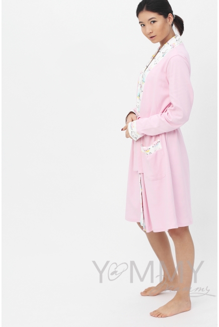 Комплект халат с сорочкой розовый с принтом котики/зайчики