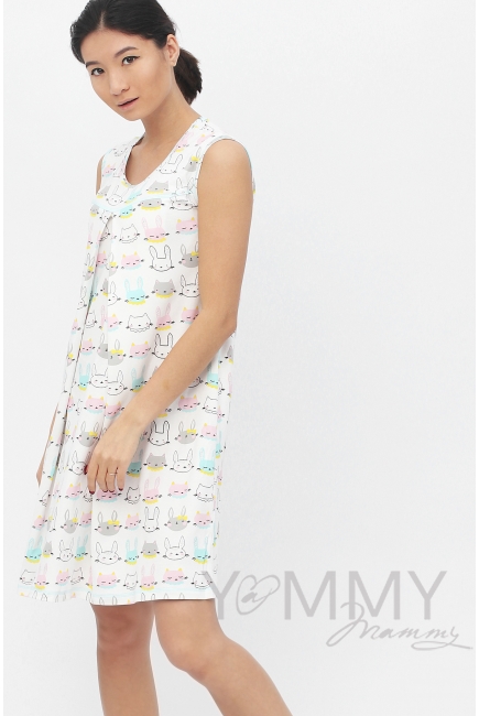 Комплект халат с сорочкой розовый с принтом котики/зайчики