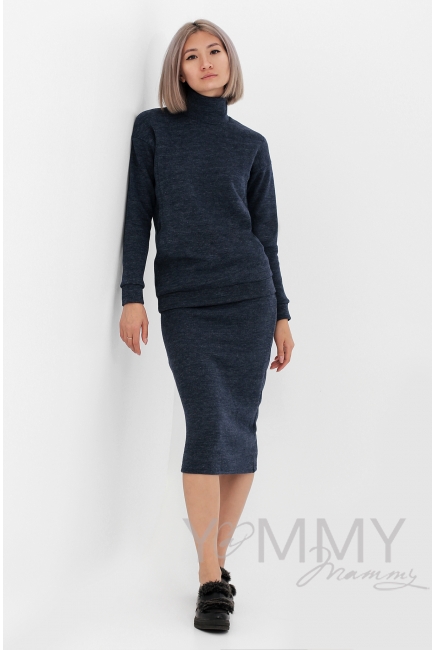 Костюм для кормящих и беременных утепленный джемпер + юбка, темно-синий меланж