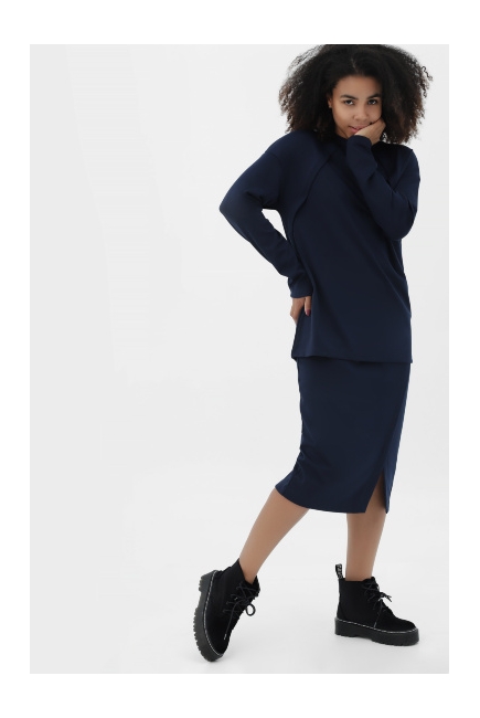 Костюм для беременных и кормящих утепленный джемпер + юбка, темно-синий