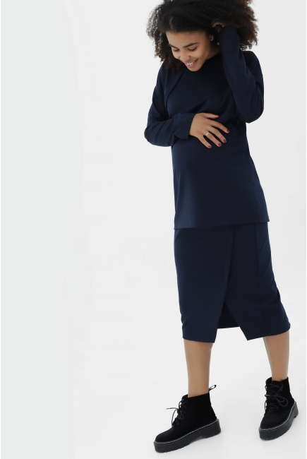 Костюм для беременных и кормящих утепленный джемпер + юбка, темно-синий