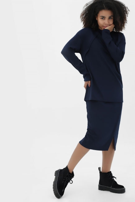 Костюм для беременных и кормящих утепленный джемпер + юбка, темно-синий