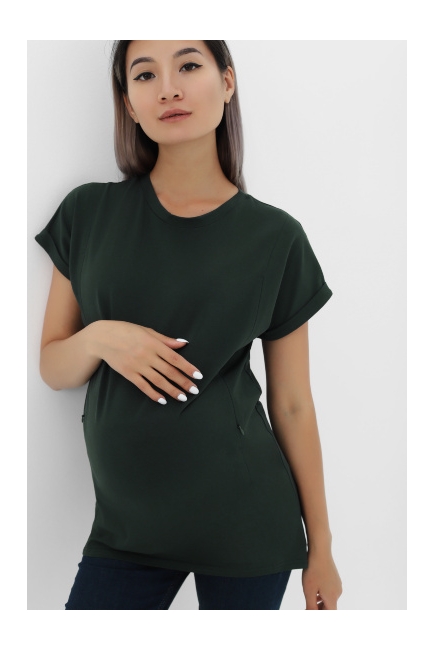 Футболка для беременных и кормящих с вертикальными молниями, цвет темно-зеленый