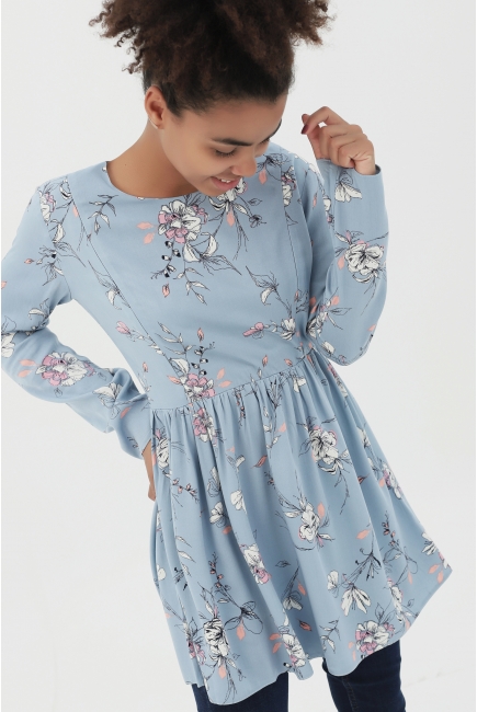 Туника для кормящих и беременных с цветочным принтом, голубая