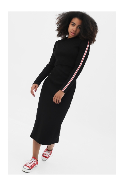 Платье для беременных и кормящих с лампасами, черное