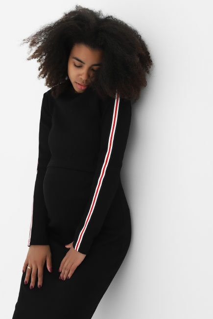 Платье для беременных и кормящих с лампасами, черное