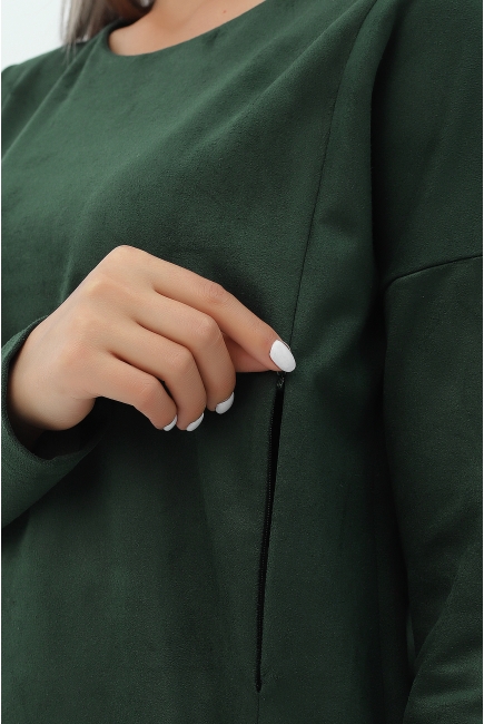 Платье для кормящих и беременных замшевое, темно-зеленое