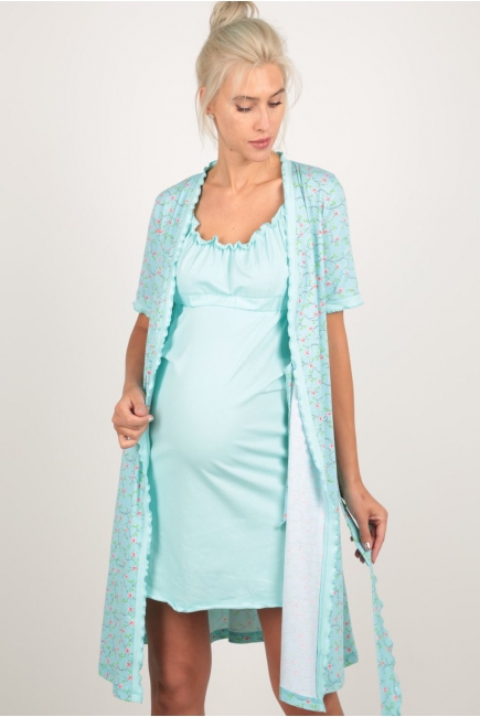 Комплект в роддом халат с сорочкой ментоловый с рюшами, принт цветы