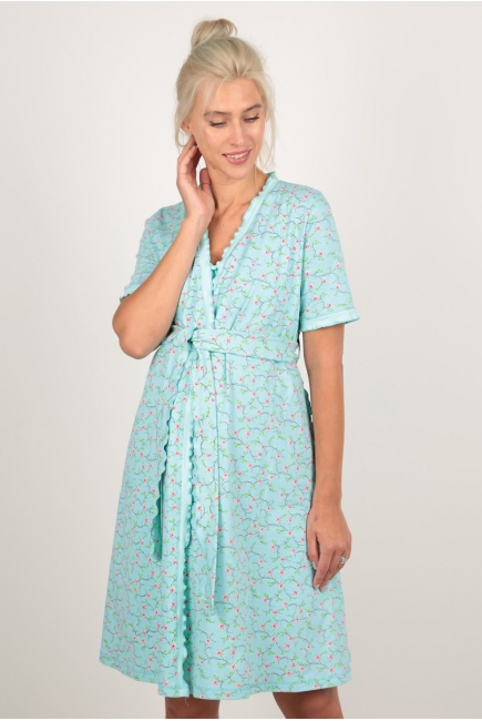 Комплект в роддом халат с сорочкой ментоловый с рюшами, принт цветы