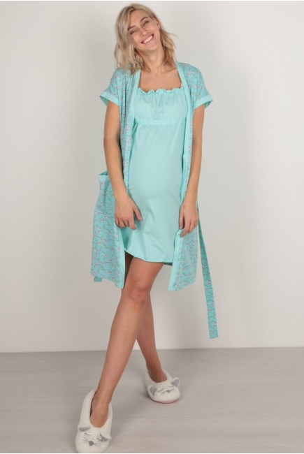 Комплект в роддом халат с сорочкой ментоловый, принт цветы