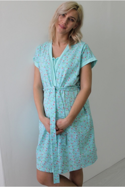 Комплект в роддом халат с сорочкой ментоловый, принт цветы