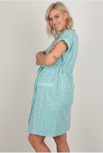 Комплект в роддом халат с сорочкой ментоловый, принт цветы