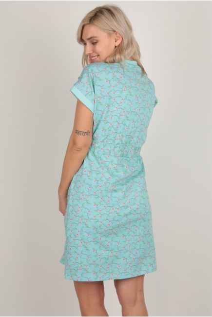 Комплект в роддом халат с сорочкой ментоловый, принт цветы