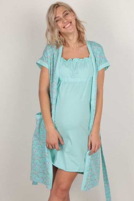 Комплект в роддом халат с сорочкой ментоловый, принт цветы