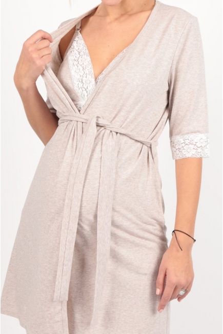Комплект в роддом халат с сорочкой, бежевый меланж