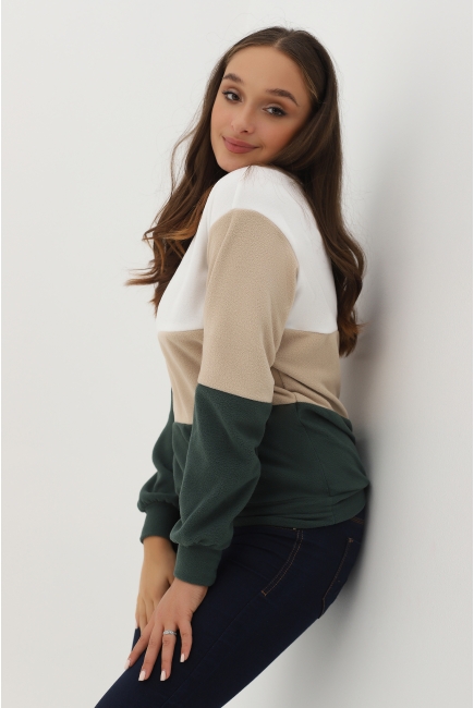 Толстовка для кормящих и беременных трехцветная, цвет белый-бежевый-зеленый