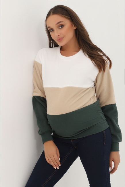 Толстовка для кормящих и беременных трехцветная, цвет белый-бежевый-зеленый