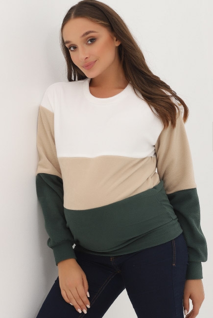 Толстовка для кормящих и беременных трехцветная, цвет белый-бежевый-зеленый