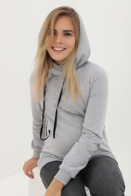 Толстовка для беременных и кормящих с капюшоном из футера, серый меланж