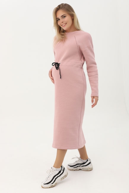 Платье для беременных и кормящих из футера макси, пудровое