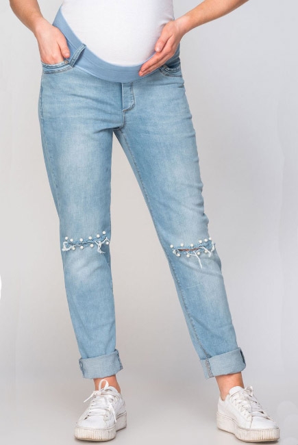 Джинсы для беременных и родивших потертые с бисером, голубые