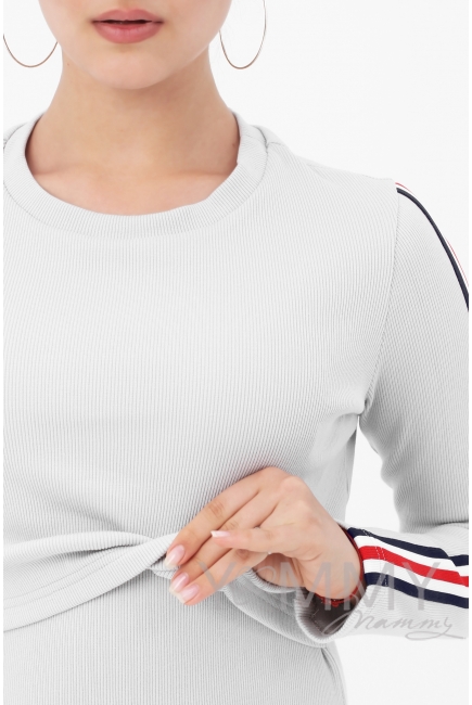 Платье для беременных и кормящих с лампасами, серый меланж