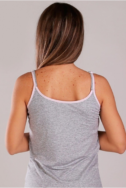 Майка для кормления и беременных на тонких бретелях, серая с розовой каймой