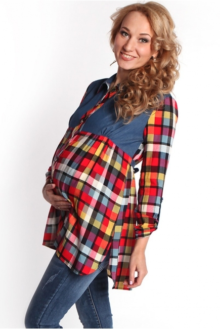 Блуза-рубашка для беременных в цветную клетку