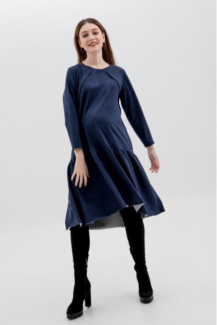 Платье для беременных и кормящих c воланами замшевое, темно-синее