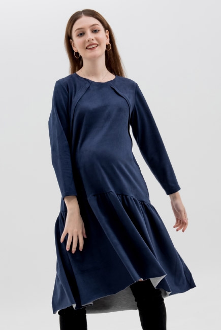 Платье для беременных и кормящих c воланами замшевое, темно-синее