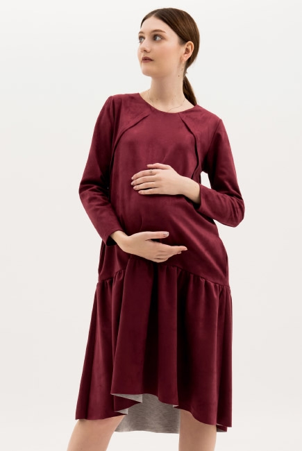 Платье для беременных и кормящих c воланами замшевое, марсала