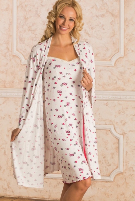 Комплект в роддом халат с сорочкой "сердечки", цвет красный