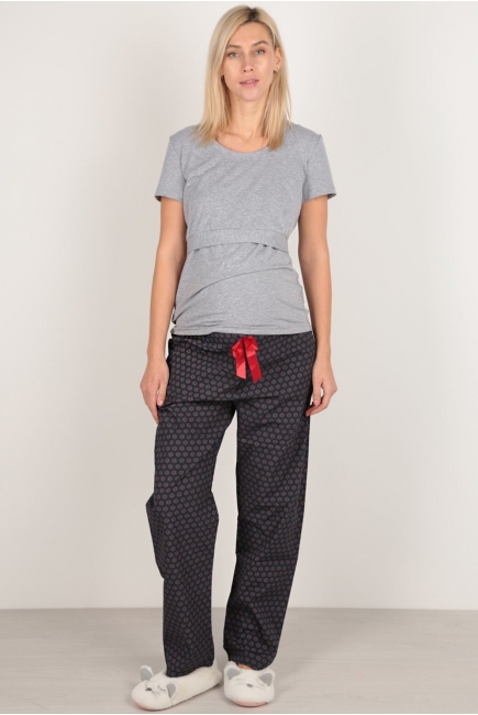 Пижама для беременных и кормящих с цветами, серая